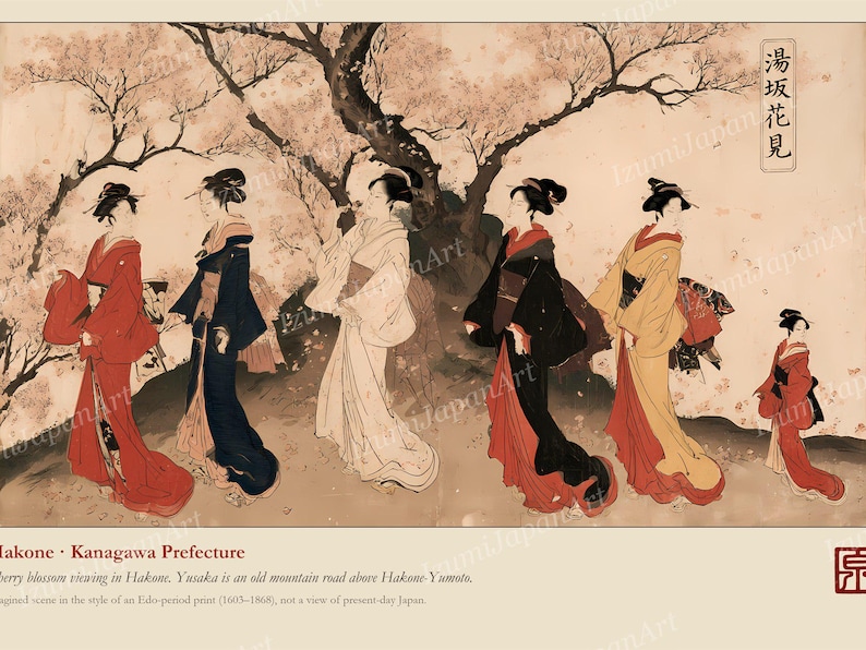 Puede incluir: Una impresi&oacute;n horizontal que representa a seis figuras con kimono tradicional caminando bajo cerezos en flor. Las figuras visten prendas rojas, azul oscuro, blancas, negras y amarillas. Texto japon&eacute;s es visible en un recuadro vertical arriba a la derecha.