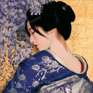 May include: A digital illustration of a person with dark hair styled in an updo adorned with purple flowers, wearing a deep blue kimono with a white floral pattern. The person is positioned against a backdrop of purple wisteria and gold.