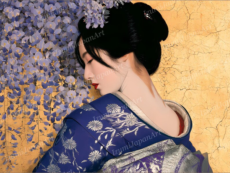 May include: A digital illustration of a person with dark hair styled in an updo adorned with purple flowers, wearing a deep blue kimono with a white floral pattern. The person is positioned against a backdrop of purple wisteria and gold.