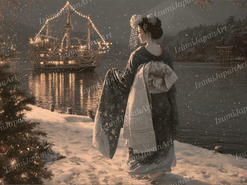 Peut inclure: Une illustration num&eacute;rique d'une personne portant un kimono sombre avec un obi clair, debout sur une rive enneig&eacute;e. En arri&egrave;re-plan, un grand navire illumin&eacute; flotte sur une &eacute;tendue d'eau sombre sous la neige, avec un sapin au premier plan.