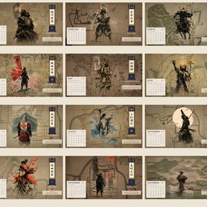 Peut inclure: Un calendrier mural 2017 pr&eacute;sentant douze illustrations distinctes de guerriers samoura&iuml;s en armure traditionnelle. Chaque page mensuelle affiche une repr&eacute;sentation artistique unique d'un personnage historique, une grille de calendrier et du texte vertical en japonais.