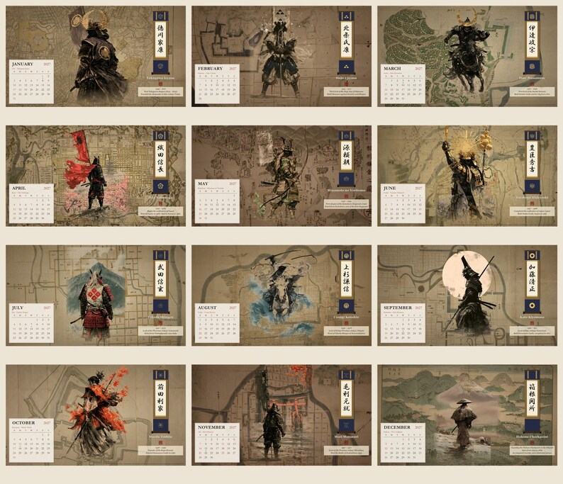 Peut inclure: Un calendrier mural 2017 pr&eacute;sentant douze illustrations distinctes de guerriers samoura&iuml;s en armure traditionnelle. Chaque page mensuelle affiche une repr&eacute;sentation artistique unique d'un personnage historique, une grille de calendrier et du texte vertical en japonais.