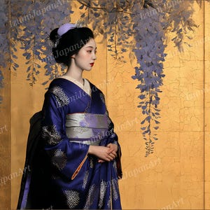 May include: A person wearing a deep blue kimono with silver floral patterns and a wide, light gray and purple obi sash. The hair is styled in an updo with a light purple accessory. The background features a gold screen with hanging purple wisteria.