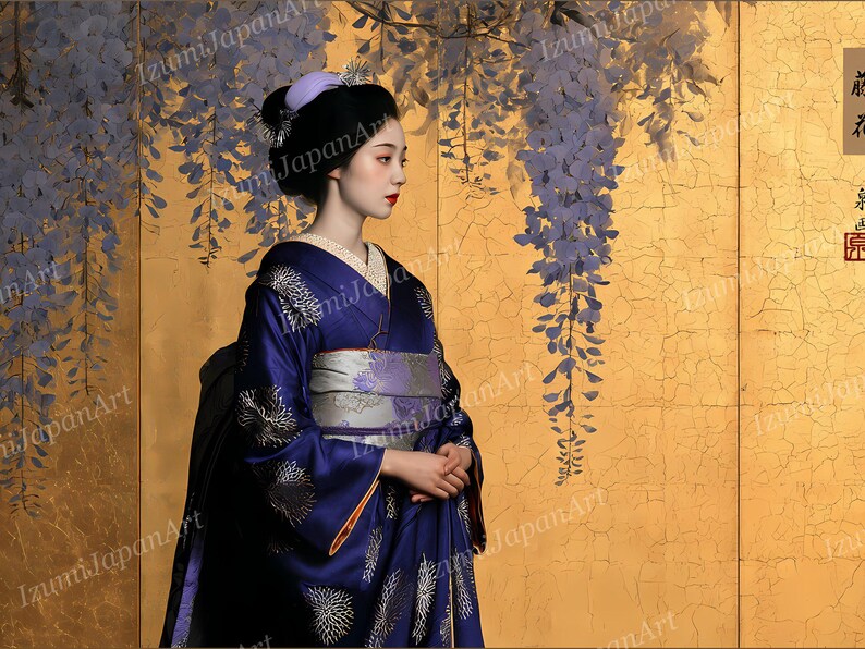 May include: A person wearing a deep blue kimono with silver floral patterns and a wide, light gray and purple obi sash. The hair is styled in an updo with a light purple accessory. The background features a gold screen with hanging purple wisteria.