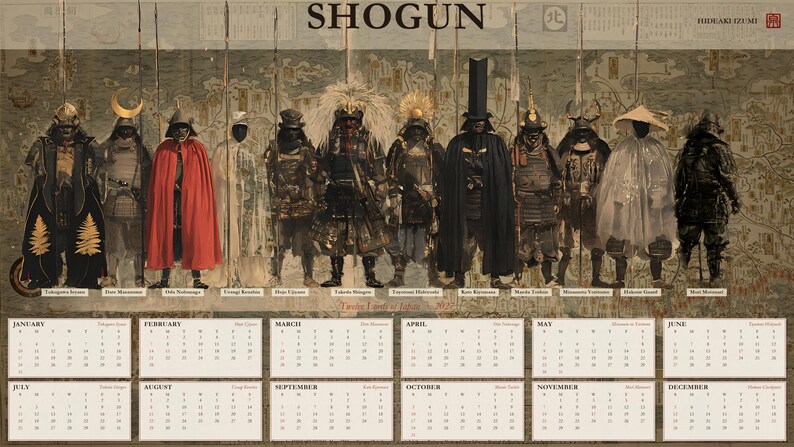 Peut inclure: Un calendrier mural intitul&eacute; SHOGUN pr&eacute;sentant douze personnages historiques en armure japonaise traditionnelle et divers couvre-chefs, incluant des capes. Sous les personnages, une grille de douze mois affiche les dates de janvier &agrave; d&eacute;cembre.