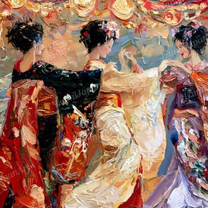 Puede incluir: Una pintura al &oacute;leo que muestra varias figuras con kimonos tradicionales en tonos rojo, negro, dorado y morado. Las pinceladas gruesas y texturizadas crean una escena din&aacute;mica de movimiento, con las figuras tomadas de la mano en fila.