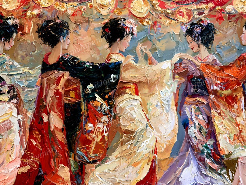 Puede incluir: Una pintura al &oacute;leo que muestra varias figuras con kimonos tradicionales en tonos rojo, negro, dorado y morado. Las pinceladas gruesas y texturizadas crean una escena din&aacute;mica de movimiento, con las figuras tomadas de la mano en fila.