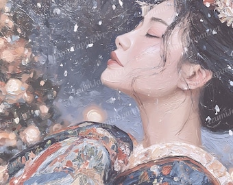 Puede incluir: Una pintura al óleo que muestra el perfil de una persona con cabello oscuro adornado con flores, vistiendo una prenda estampada en tonos azules, rojos y dorados. El fondo presenta un cielo oscuro y texturizado con copos de nieve blancos.
