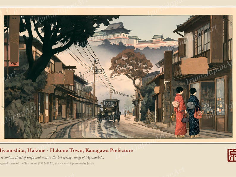 May include: A vintage-style illustration of a street in Miyanoshita, Hakone, featuring traditional wooden buildings, a classic car on a wet road, and two figures in kimonos standing by a shop. Text includes Miyanoshita, Hakone, and Kanagawa Prefecture.