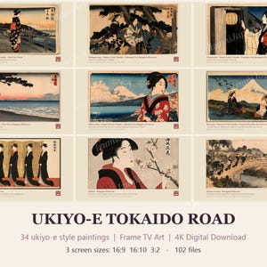 Puede incluir: Una colecci&oacute;n de 34 pinturas digitales de estilo Ukiyo-e titulada UKIYO-E TOKAIDO ROAD, que muestra varios paisajes y figuras japonesas. El conjunto incluye 102 archivos en relaciones de aspecto 16:9, 16:10 y 3:2 para descarga digital.
