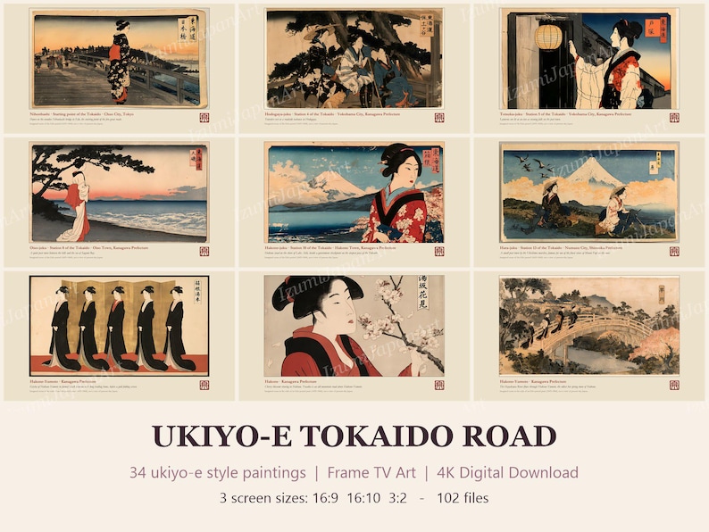 Puede incluir: Una colecci&oacute;n de 34 pinturas digitales de estilo Ukiyo-e titulada UKIYO-E TOKAIDO ROAD, que muestra varios paisajes y figuras japonesas. El conjunto incluye 102 archivos en relaciones de aspecto 16:9, 16:10 y 3:2 para descarga digital.