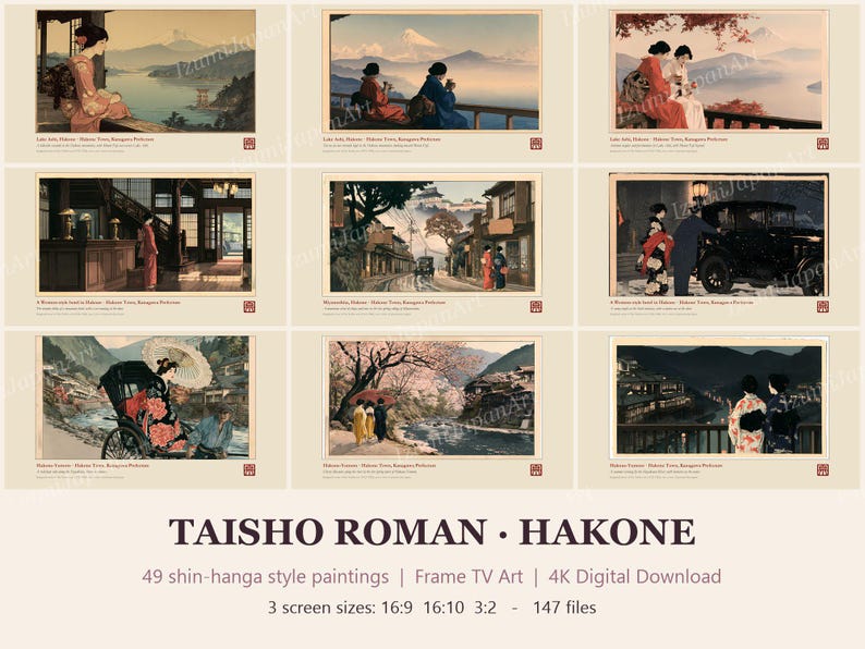 May include: A collection of 49 digital paintings titled TAISHO ROMAN HAKONE featuring various scenes of people in traditional clothing, landscapes, and vintage vehicles. The text includes TAISHO ROMAN HAKONE, 49 shin-hanga style paintings, Frame TV Art, 4K Digital Download, 3 screen sizes: 16:9 16:10 3:2, and 147 files.