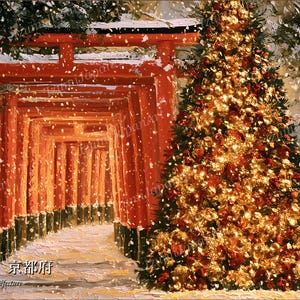 May include: An oil painting style depiction of a row of vibrant red torii gates in a snowy landscape, featuring a large, brightly lit Christmas tree decorated with gold and red ornaments, with Japanese text in the lower left corner.