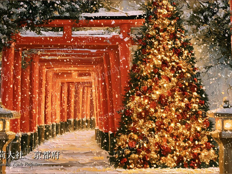 May include: An oil painting style depiction of a row of vibrant red torii gates in a snowy landscape, featuring a large, brightly lit Christmas tree decorated with gold and red ornaments, with Japanese text in the lower left corner.