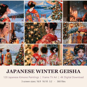 Puede incluir: Una colecci&oacute;n de 120 pinturas digitales que muestran geishas japonesas en entornos invernales con kimonos, &aacute;rboles de Navidad y paisajes nevados. El texto dice: JAPANESE WINTER GEISHA, 120 Japanese Kimono Paintings, Frame TV Art, 4K Digital Download.