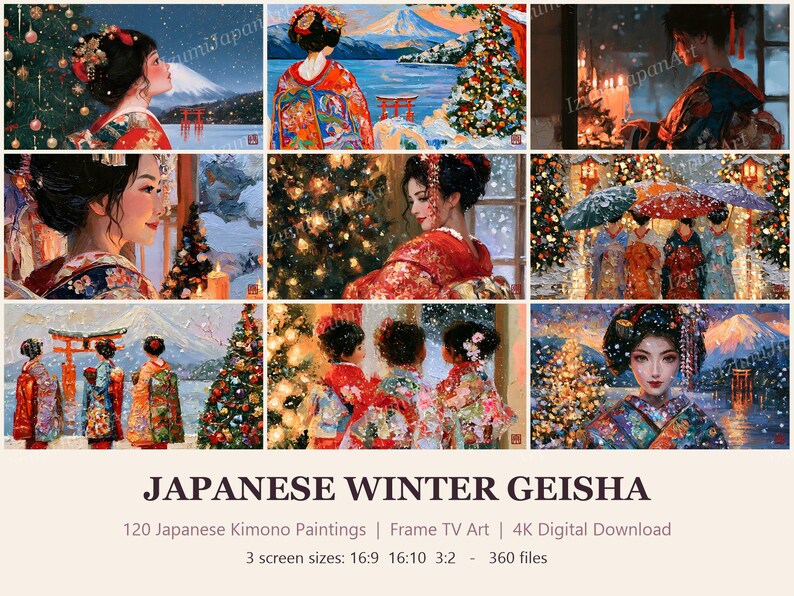 Puede incluir: Una colecci&oacute;n de 120 pinturas digitales que muestran geishas japonesas en entornos invernales con kimonos, &aacute;rboles de Navidad y paisajes nevados. El texto dice: JAPANESE WINTER GEISHA, 120 Japanese Kimono Paintings, Frame TV Art, 4K Digital Download.