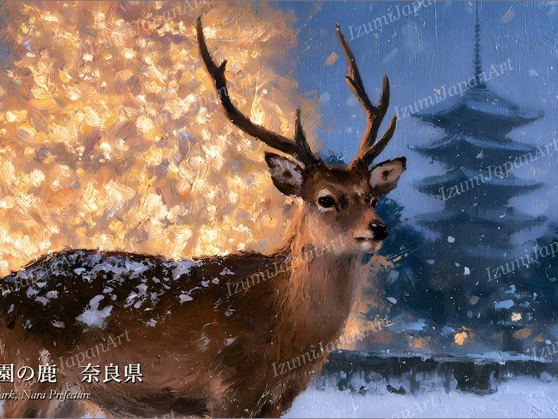 May include: An oil painting of a brown deer with antlers standing in the snow. To the left, a bright golden light illuminates the scene, while a dark blue silhouette of a multi-tiered Japanese pagoda stands in the background. Text reads: 園の鹿 奈良県.