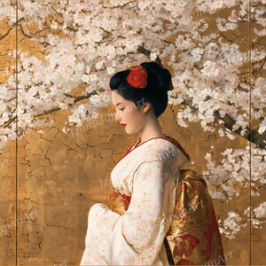 May include: A painting of a person in a white kimono with a floral pattern and a gold obi, standing before a gold-leaf screen with white cherry blossoms. The person has dark hair styled in an updo with a red flower accessory and red lipstick.