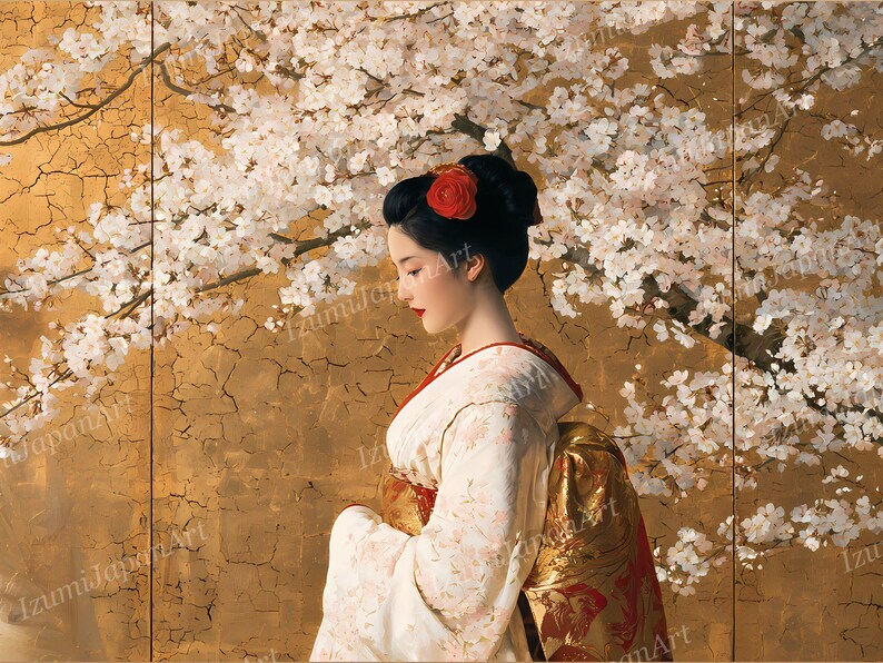 May include: A painting of a person in a white kimono with a floral pattern and a gold obi, standing before a gold-leaf screen with white cherry blossoms. The person has dark hair styled in an updo with a red flower accessory and red lipstick.