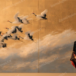 May include: A decorative folding screen featuring a gold background with a flock of white and black cranes in flight above clouds. A person wearing a black kimono with floral patterns and a red lining stands to the right of the screen.