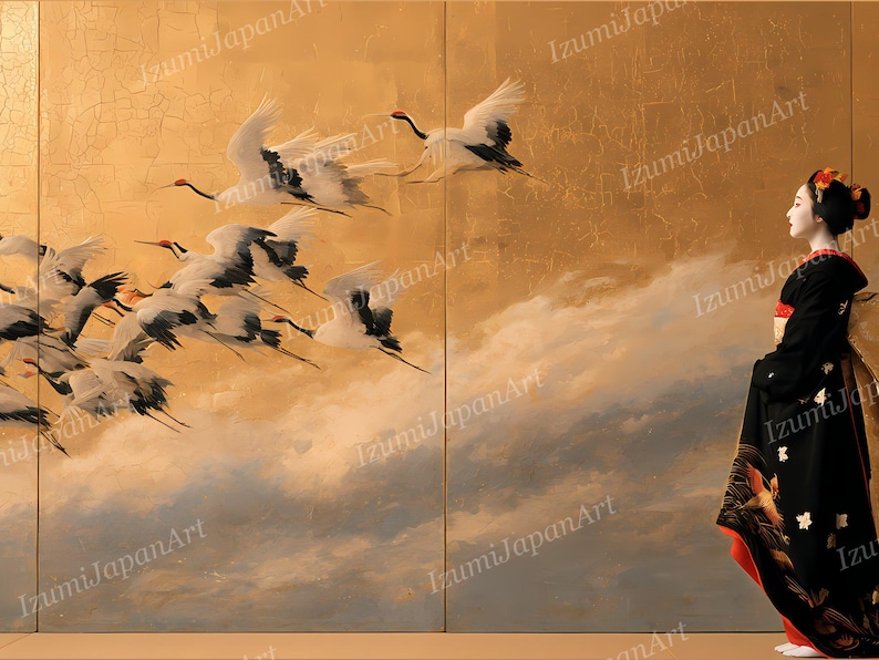May include: A decorative folding screen featuring a gold background with a flock of white and black cranes in flight above clouds. A person wearing a black kimono with floral patterns and a red lining stands to the right of the screen.