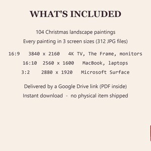 May include: A digital product information graphic titled WHAT'S INCLUDED, listing 104 Christmas landscape paintings in 312 JPG files. It specifies three aspect ratios: 16:9 at 3840 x 2160, 16:10 at 2560 x 1600, and 3:2 at 2880 x 1920 pixels.