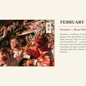 Peut inclure: Une page de calendrier pour f&eacute;vrier intitul&eacute;e Setsubun Bean-Throwing Day. L'image montre une foule de personnes la bouche ouverte, attrapant des graines de soja grill&eacute;es lanc&eacute;es lors d'une c&eacute;r&eacute;monie. Une personne porte un masque de d&eacute;mon rouge.