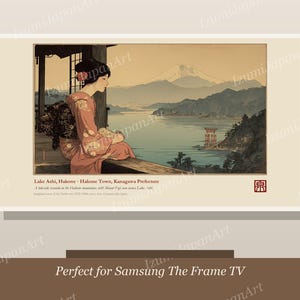 May include: A digital art print featuring a person in a pink kimono sitting on a wooden balcony overlooking Lake Ashi, Hakone, with Mount Fuji in the distance and a red torii gate in the water. Text includes Lake Ashi, Hakone, Kanagawa Prefecture.