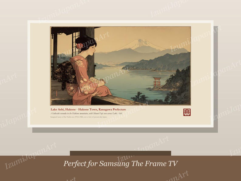 May include: A digital art print featuring a person in a pink kimono sitting on a wooden balcony overlooking Lake Ashi, Hakone, with Mount Fuji in the distance and a red torii gate in the water. Text includes Lake Ashi, Hakone, Kanagawa Prefecture.