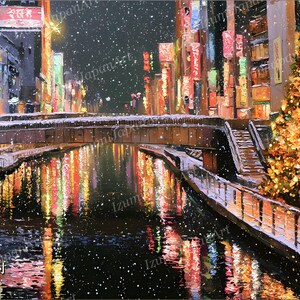 May include: An oil painting of a canal in Osaka, Japan, during a snowy night. A bridge spans the water, reflecting vibrant neon city lights. A large, illuminated golden Christmas tree stands on the right bank, with the text 大阪府 visible in the corner.