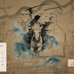 Peut inclure: Une page de calendrier pour ao&ucirc;t 2027 pr&eacute;sentant une illustration dynamique &agrave; l'encre d'un samoura&iuml; &agrave; cheval brandissant une &eacute;p&eacute;e. Le fond affiche une carte ancienne, un rouleau vertical avec calligraphie japonaise et du texte sur Uesugi Kenshin.
