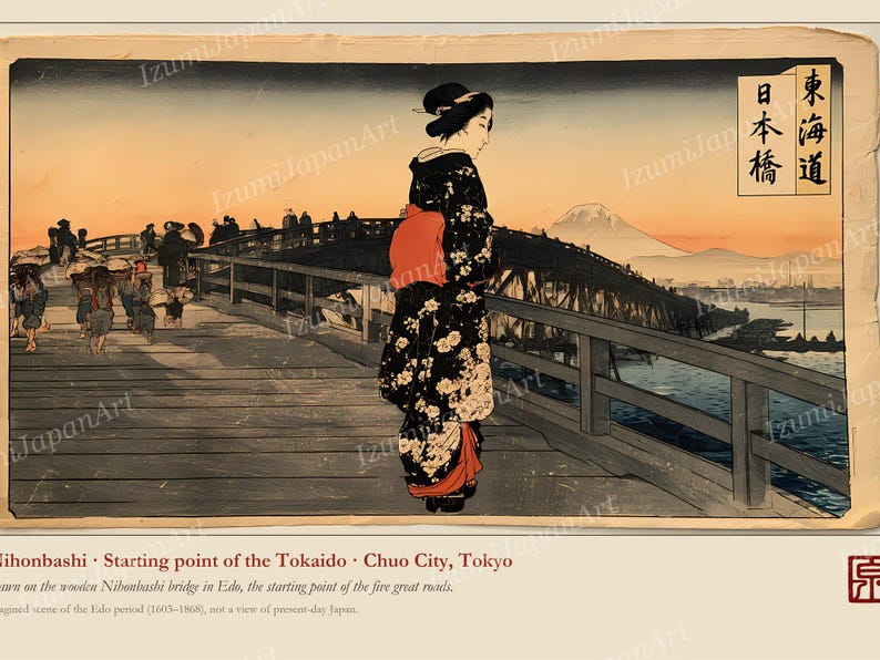 Puede incluir: Un grabado japon&eacute;s que muestra a una persona con un kimono negro de flores sobre el puente de madera de Nihonbashi. La escena presenta un cielo al atardecer, una monta&ntilde;a lejana y viajeros cargando bultos. El texto en la parte superior derecha dice 東海道 日本橋.