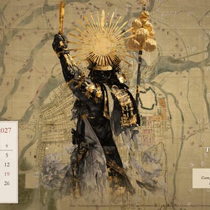 Peut inclure: Une page de calendrier pour juin 2027 repr&eacute;sentant Toyotomi Hideyoshi en armure noire et dor&eacute;e, tenant un b&acirc;ton et une lance. L'arri&egrave;re-plan est une carte ancienne d'Osaka. Un rouleau vertical avec du texte japonais et un r&eacute;sum&eacute; historique sont inclus.