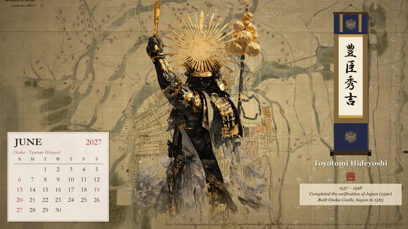 Peut inclure: Une page de calendrier pour juin 2027 repr&eacute;sentant Toyotomi Hideyoshi en armure noire et dor&eacute;e, tenant un b&acirc;ton et une lance. L'arri&egrave;re-plan est une carte ancienne d'Osaka. Un rouleau vertical avec du texte japonais et un r&eacute;sum&eacute; historique sont inclus.