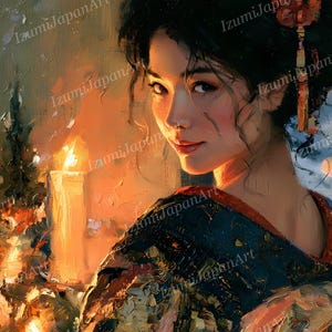 Puede incluir: Un retrato al &oacute;leo de una persona con cabello oscuro recogido en un mo&ntilde;o con un adorno rojo, vistiendo una prenda azul oscuro estampada con cuello rojo, junto a velas encendidas en un interior c&aacute;lido y con iluminaci&oacute;n tenue.