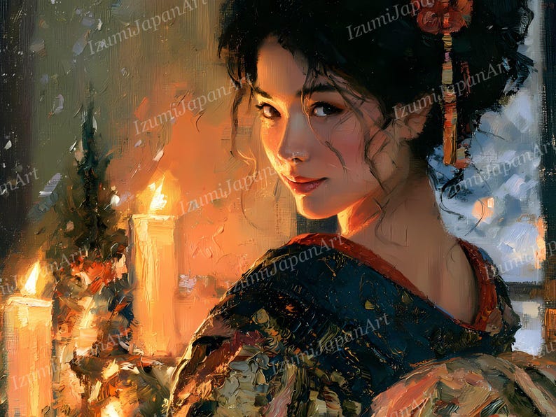 Puede incluir: Un retrato al &oacute;leo de una persona con cabello oscuro recogido en un mo&ntilde;o con un adorno rojo, vistiendo una prenda azul oscuro estampada con cuello rojo, junto a velas encendidas en un interior c&aacute;lido y con iluminaci&oacute;n tenue.