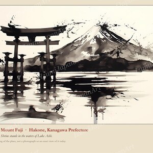 Może przedstawiać: Obraz wykonany czarnym tuszem przedstawiający bramę torii w wodach jeziora Ashi z g&oacute;rą Fuji w tle. Tekst brzmi Lake Ashi and Mount Fuji, Hakone, Kanagawa Prefecture i zawiera czerwoną kwadratową pieczęć.