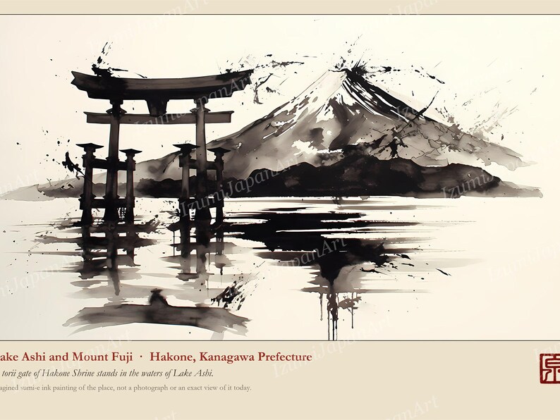 Może przedstawiać: Obraz wykonany czarnym tuszem przedstawiający bramę torii w wodach jeziora Ashi z g&oacute;rą Fuji w tle. Tekst brzmi Lake Ashi and Mount Fuji, Hakone, Kanagawa Prefecture i zawiera czerwoną kwadratową pieczęć.