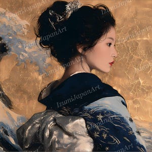 May include: A digital painting of a person with dark hair styled in an updo with a silver hair accessory, wearing a dark blue kimono with snowflake patterns. The background features a stylized golden wave design with a cracked texture effect.