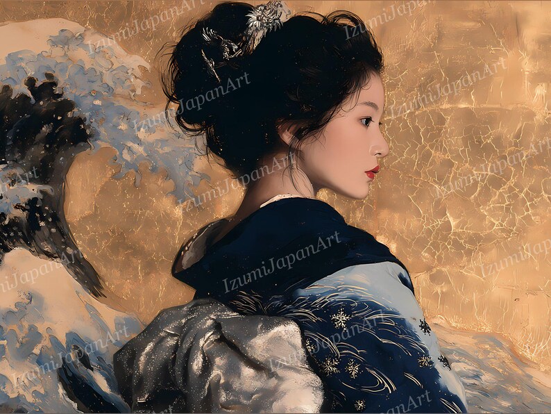 May include: A digital painting of a person with dark hair styled in an updo with a silver hair accessory, wearing a dark blue kimono with snowflake patterns. The background features a stylized golden wave design with a cracked texture effect.