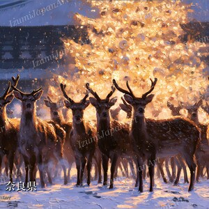 May include: A group of deer standing in a snowy landscape at night, illuminated by a large, glowing golden tree in the background. The scene features multiple deer with antlers facing forward, with Japanese text and the words Park, Nara Prefecture.