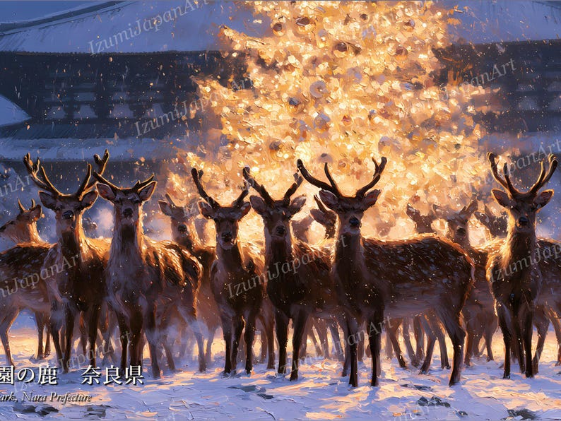 May include: A group of deer standing in a snowy landscape at night, illuminated by a large, glowing golden tree in the background. The scene features multiple deer with antlers facing forward, with Japanese text and the words Park, Nara Prefecture.