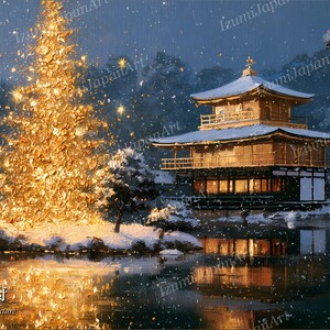 May include: A painting of a golden, glowing tree standing beside a multi-tiered temple covered in snow at night. The scene features a dark blue sky, falling snow, and a reflective pond. The text "京都府" and "Kyoto Prefecture" appear in the corner.