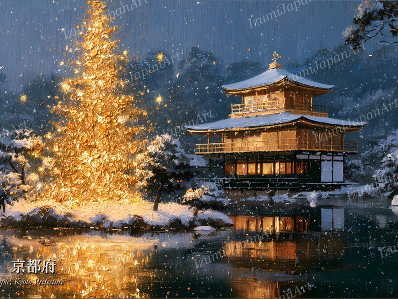 May include: A painting of a golden, glowing tree standing beside a multi-tiered temple covered in snow at night. The scene features a dark blue sky, falling snow, and a reflective pond. The text "京都府" and "Kyoto Prefecture" appear in the corner.