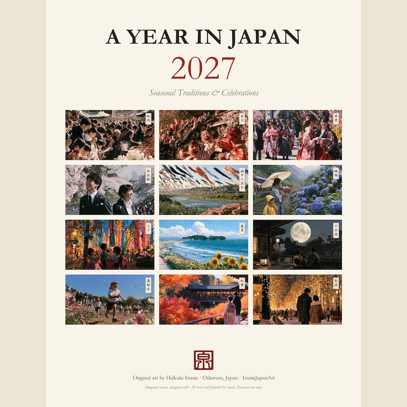 Peut inclure: Un calendrier mural 2027 intitul&eacute; A YEAR IN JAPAN pr&eacute;sentant douze sc&egrave;nes photographiques distinctes de traditions et c&eacute;l&eacute;brations saisonni&egrave;res. La mise en page comprend une grille d'images illustrant divers paysages, festivals et &eacute;v&eacute;nements culturels japonais.