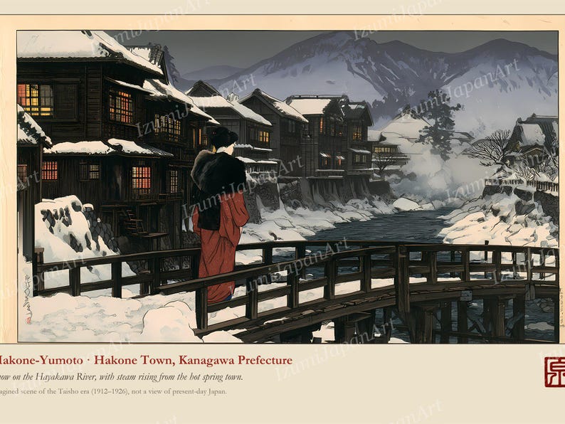 May include: A print depicting a snowy scene in Hakone-Yumoto, Kanagawa Prefecture. A figure in a red garment and black coat stands on a wooden bridge over the Hayakawa River. Dark wooden buildings line the riverbank, with steam rising in the background.