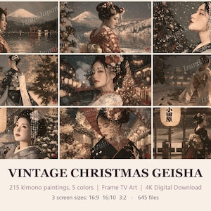 Peut inclure: Une collection num&eacute;rique de 645 images de style vintage repr&eacute;sentant des geishas en kimono, des paysages enneig&eacute;s et des sapins de No&euml;l. Le texte indique VINTAGE CHRISTMAS GEISHA, 215 kimono paintings, 5 colors, Frame TV Art, 4K Digital Download.