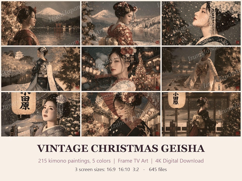 Peut inclure: Une collection num&eacute;rique de 645 images de style vintage repr&eacute;sentant des geishas en kimono, des paysages enneig&eacute;s et des sapins de No&euml;l. Le texte indique VINTAGE CHRISTMAS GEISHA, 215 kimono paintings, 5 colors, Frame TV Art, 4K Digital Download.