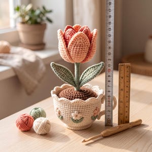 Könnte beinhalten: Eine gehäkelte Tulpe in einer cremefarbenen Teetasse mit Blumenstickerei. Ein Metalllineal zeigt eine Höhe von ca. 18 cm, ein Holzlineal zeigt 5 Zoll. Eine Holzhäkelnadel und drei kleine Garnknäuel liegen daneben.