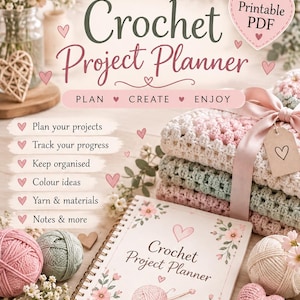 May include: A spiral-bound Crochet Project Planner with a floral cover, featuring text that reads Crochelle Creations UK, Crochet Project Planner, Plan, Create, Enjoy, and a list of features including Plan your projects, Track your progress, and more.